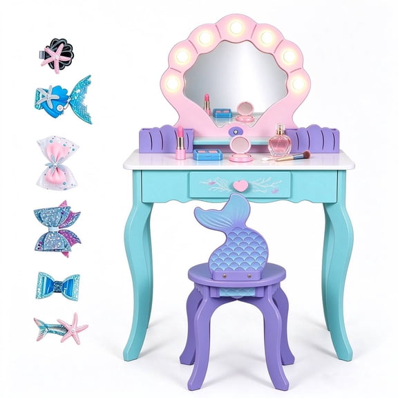 BRINJOY Kids Vanity with Lights, Wooden Princess Vanity for Girls, 2 in 1 Ocean Theme Toddler Dressing Table and Chair Set, Little Girl Makeup Vanity with Mirror for Children Birthday Christmas Gift