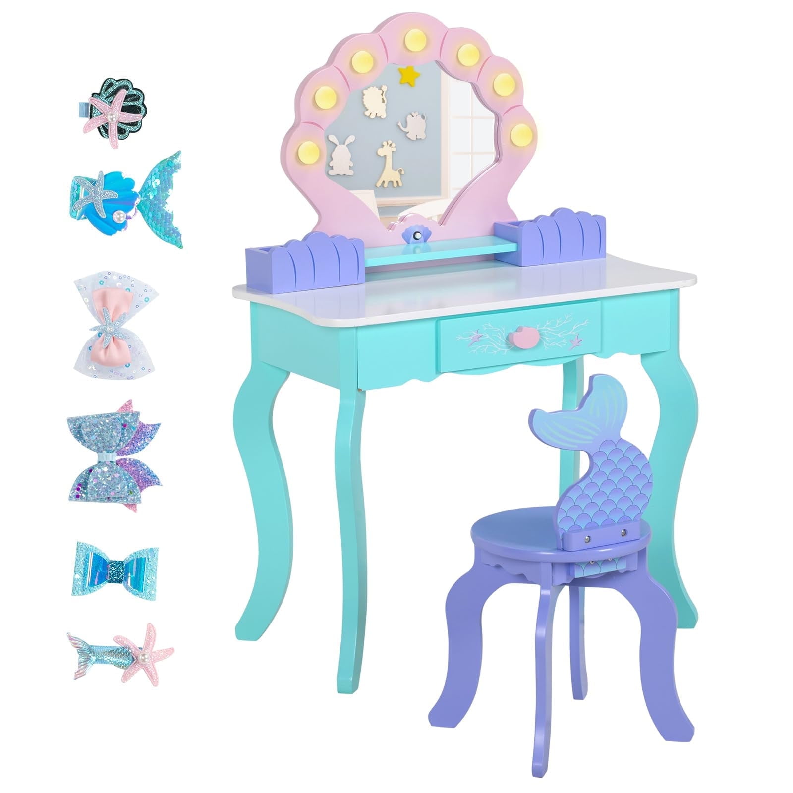 BRINJOY Kids Vanity with Lights, Wooden Princess Vanity for Girls, 2 in 1 Ocean Theme Toddler Dressing Table and Chair Set, Little Girl Makeup Vanity with Mirror for Children Birthday Christmas Gift