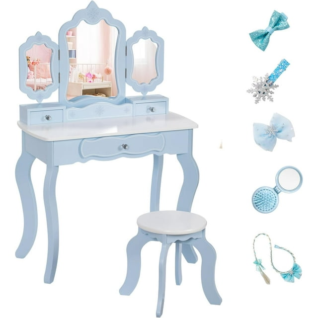 BRINJOY Kids Vanity Set, 2in1 Wooden Makeup Table & Stool w
