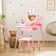 BRINJOY Kids Vanity Set with Mirror, Wooden Make Up Beauty&nbsp;Dressing Table with Lights & Stool & Jewelry Rack & Storage Board, Children Princess Vanity Table Pretend Playset for Girls