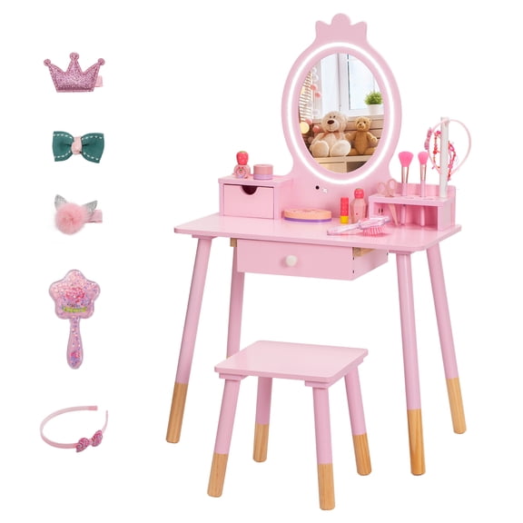 BRINJOY Kids Vanity Set with Mirror, Wooden Make Up Beauty Dressing Table with Lights & Stool & Jewelry Rack & Storage Board, Children Princess Vanity Table Pretend Playset for Girls