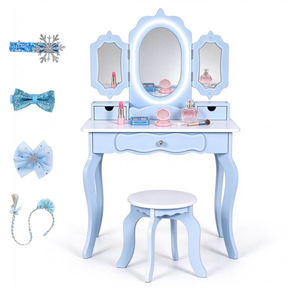 BRINJOY Kids Vanity Set with 2-in-1 Wooden Makeup Table and Stool Table Set, Blue