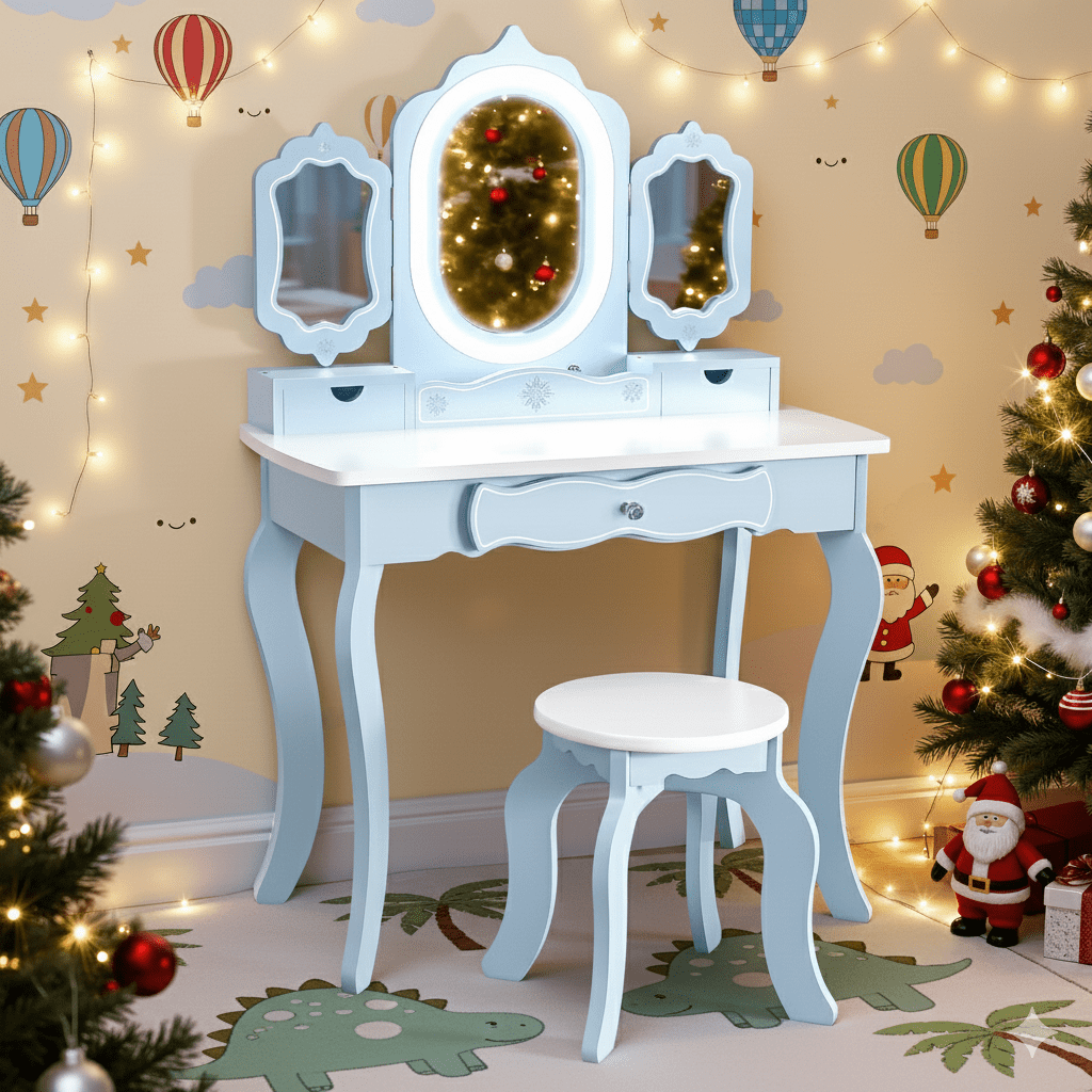 BRINJOY Kids Vanity Set with 2-in-1 Wooden Makeup Table and Stool Table Set, Blue