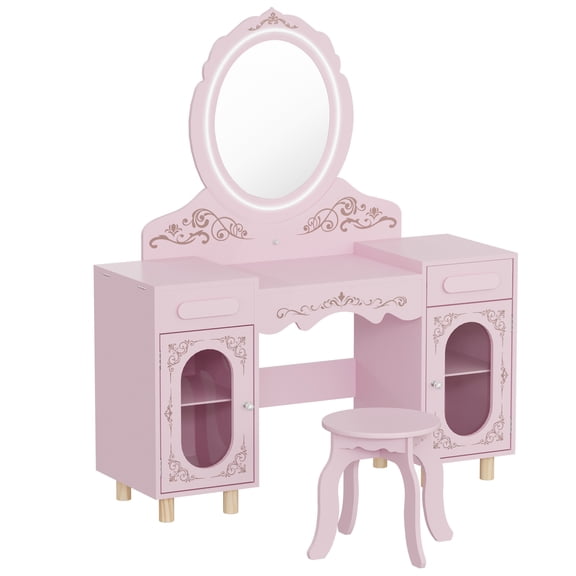 BRINJOY Kids Vanity Table Set, Wooden Vanity with Stool, White Lights and Mirror, Pink Princess Makeup Dressing Table, Hidden Storage, Drawer, Cabinets and Jewelry Organizer, Gift for Girls Ages 3-8