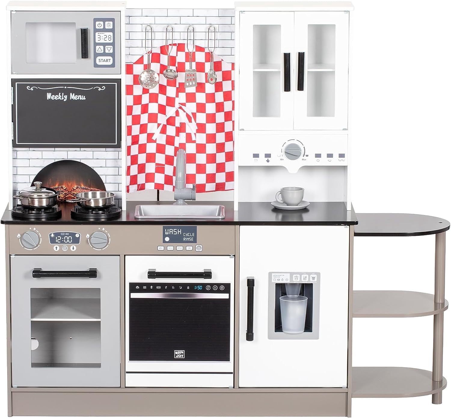 BRINJOY Interactive Kitchen Playset for Kids, Wooden Set with Light ...