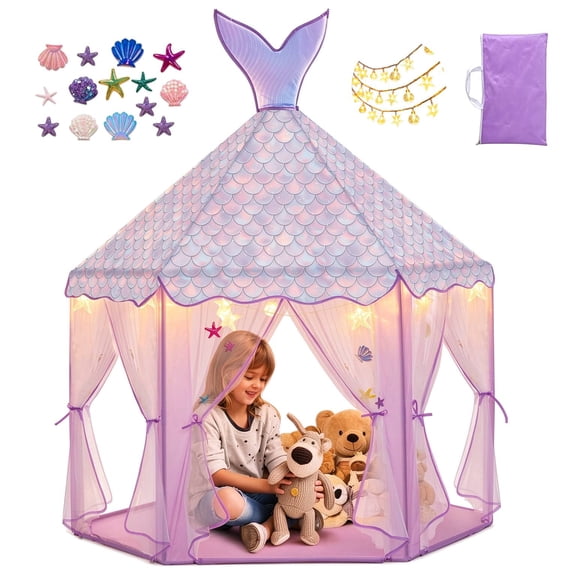 BRINJOY Mermaid Princess Tent for Girls, Large Kids Playhouse Castle with String Lights, Carry Bag & Stickers, Indoor Outdoor Pretend Play Tent Gift for Toddler Age 3