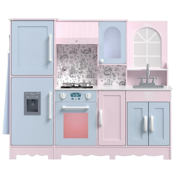 BRINJOY Play Kitchen for Kids, Wooden Kids Kitchen Playset w/Faucet, Sink, Stove, Oven, Window, Cookware, Storage Cabinets, Toddler Role Play Kitchen Pretend Play Toy Set Gift for Girls Boys Ages 3 