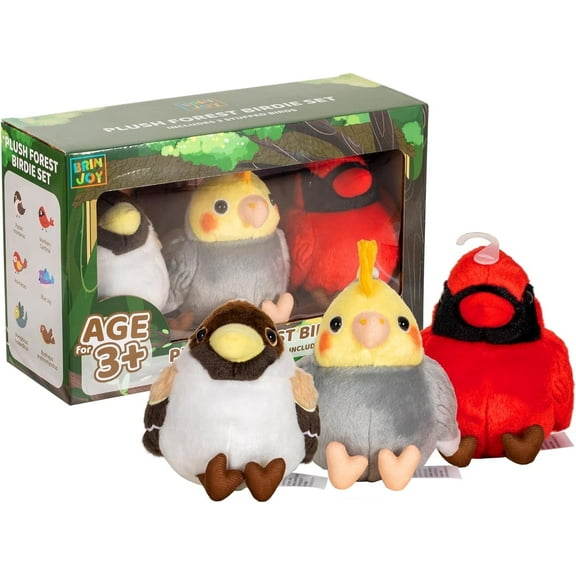 BRINJOY Plush Bird Stuffed Animal Set, 3 Pcs Birds Plush Toy w/Hooks, 5” Realistic Cockatiel, Tree Sparrow, Northern Cardinal, Soft Cuddly Wildlife Birdie Toy for Kids Gift for Toddlers Age 3+