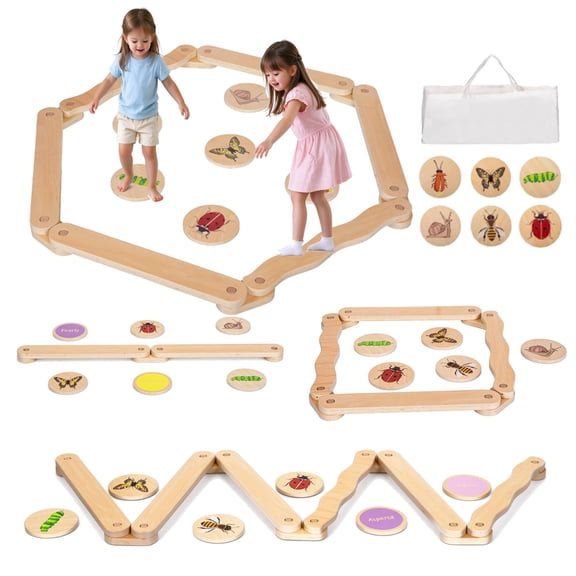 BRINJOY Wooden Balance Beam & Stepping Stones for Kids, 12 PCS Toddlers Gymnastics Toys Outdoor Obstacle Course Balance Board w/Storage Bag, Indoor Montessori Furniture for Nursery Playroom Gift