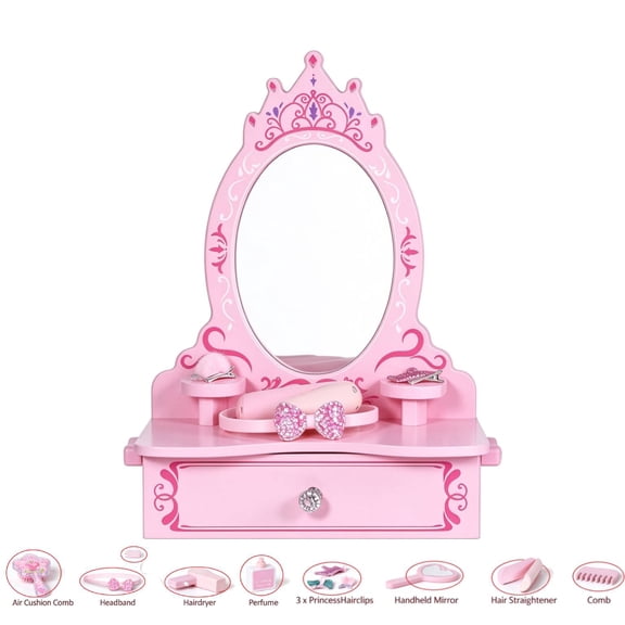 BRINJOY Wooden Vanity Set for Kids, Toddler Tabletop Beauty Salon Play Set w/Accessories & Drawer, Princess Makeup Pretend Play Vanity Table Toy with Crown Shaped Mirror for Little Girls Age 3-8
