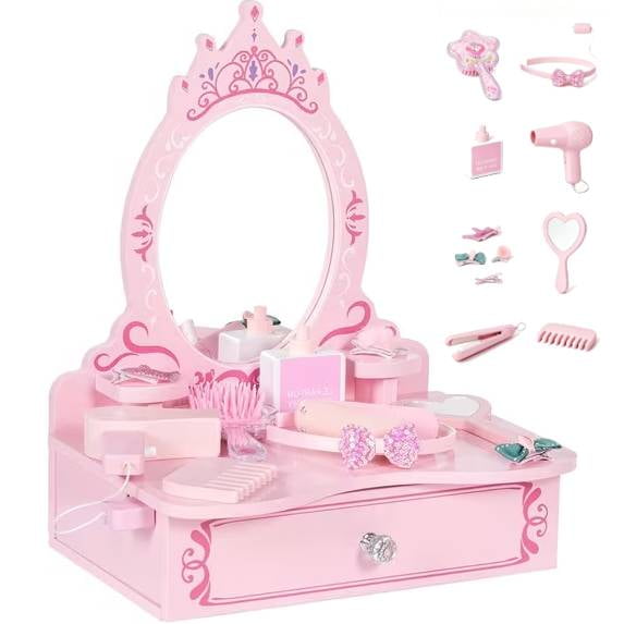 BRINJOY Wooden Vanity Set for Kids, Toddler Tabletop Beauty Salon Play Set w/Accessories & Drawer, Princess Makeup Pretend Play Vanity Table Toy with Crown Shaped Mirror for Little Girls Age 3-8