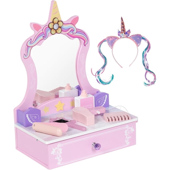 BRINJOY Wooden Vanity Set for Kids, Toddler Tabletop Beauty Salon Play Set w/Accessories & Drawer, Princess Makeup Pretend Play Vanity Table Toy with Mirror for Little Girls Age 3-8
