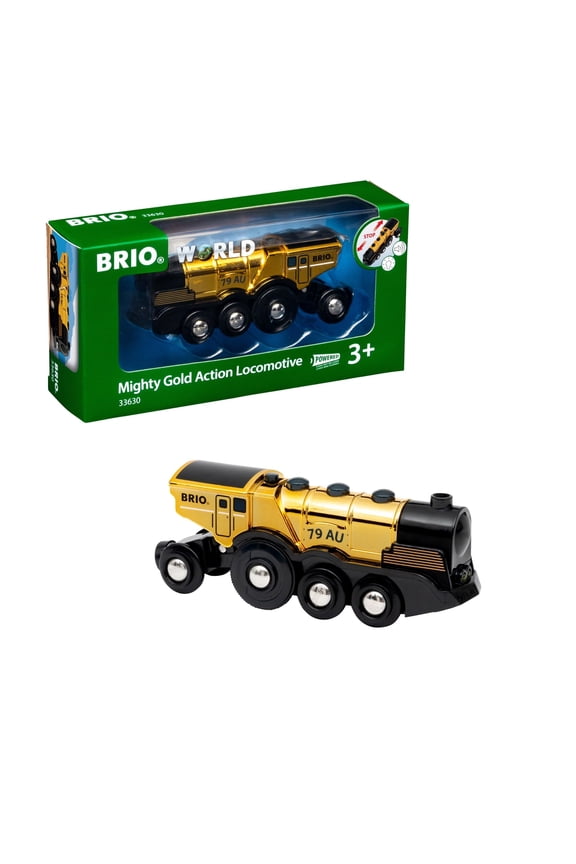 World 33630 Mighty Golden Action Locomotive | Battery Operated Toy Train with Light and Sound Effects for Kids Age 3 and Up, Gold