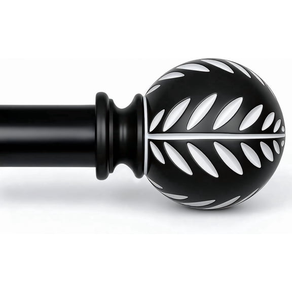 BRIOFOX Black Boho Wood Curtain Rods for Windows 28 to 48 Inch - 1 inch Diameter Heavy Duty with Imitation Grain Leaf Pattern Finials,Adjustable Decorative Sets,28-58''