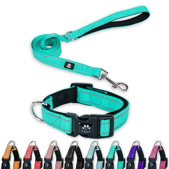 BRIOPAWS Reflective Dog Collar and Leash Set,Soft Neoprene Pet Collar with Quick Release Buckle,Adjustable Nylon Dog Collars for Medium Dogs(M+5FT Leash,Aqua)