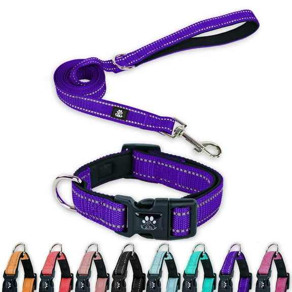 BRIOPAWS Reflective Dog Collar and Leash Set,Soft Neoprene Pet Collar with Quick Release Buckle,Adjustable Nylon Dog Collars for Small Dogs(XS+5FT Leash,Purple)