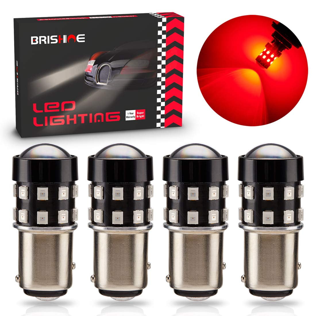 BRISHINE 4-Pack Super Bright RRF12 1157 2057 2357 7528 BAY15D LED Bulbs Brilliant Red 9-30V Non-Polarity 24-SMD LED Chipsets with Projector for Brake Tail Lights, Turn Signal Lights