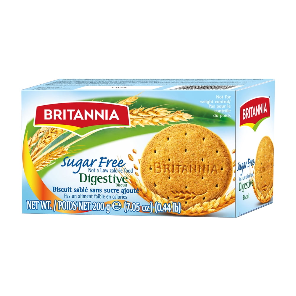 BRITANNIA Digestive Sugar Free Biscuits 7.05oz (200g) - Whole Wheat Flavor Cookies - Breakfast & Tea Time Healthy Snacks - Suitable for Vegetarians (Pack of 1)