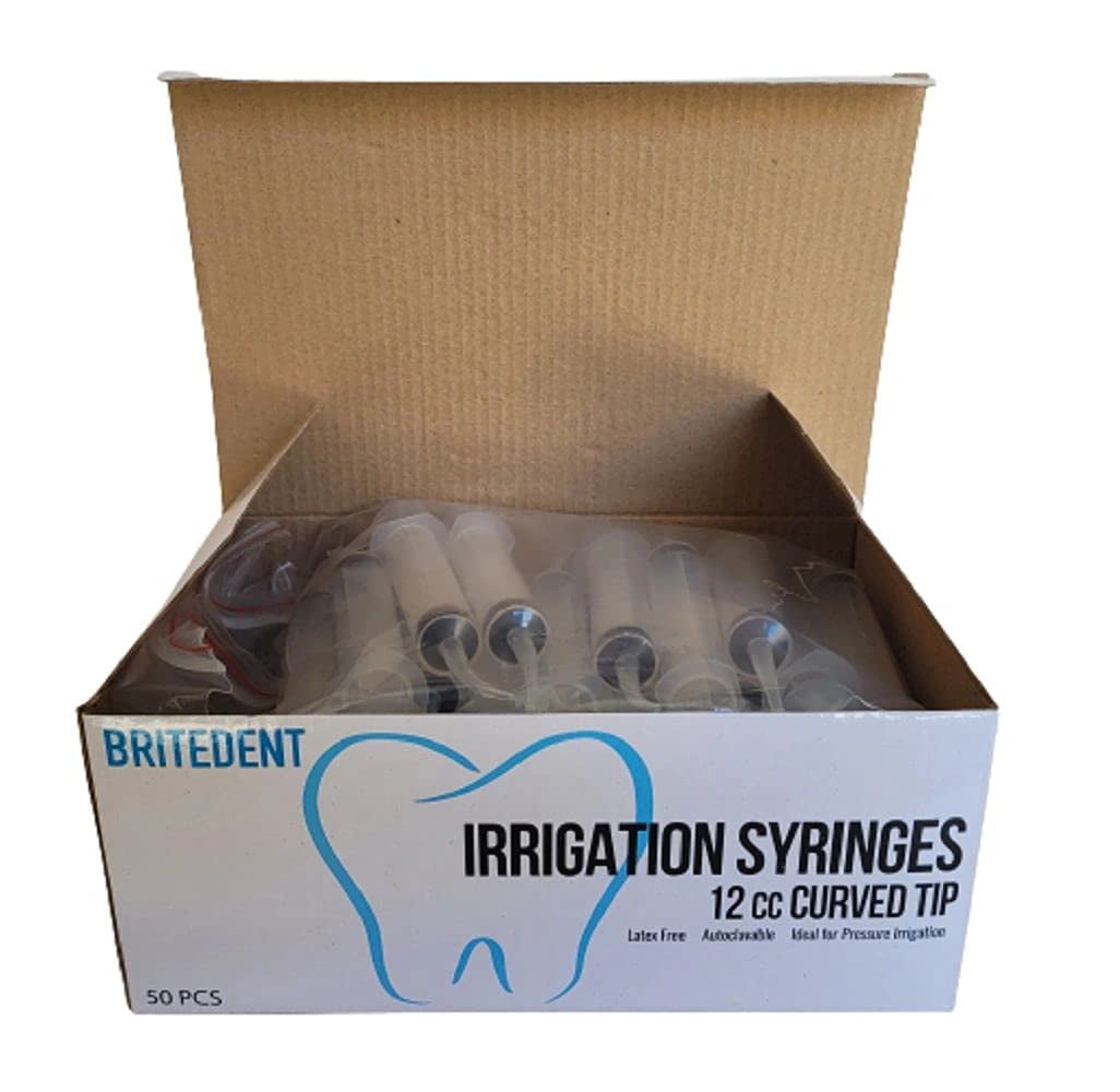 BRITEDENT Disposable Dental Irrigation Curved Syringe 12cc Box of 50 Syringes