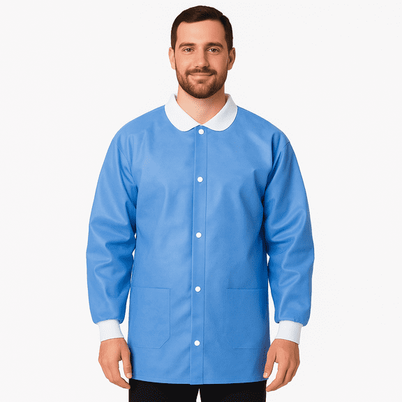 BRITEDENT Disposable Lab Coats Blue Protective Lab Jackets with Knit Collar & Cuffs, Snap Closure, Lightweight & Breathable, Unisex Single-Use for Medical & Dental Use, 10 Pack Large
