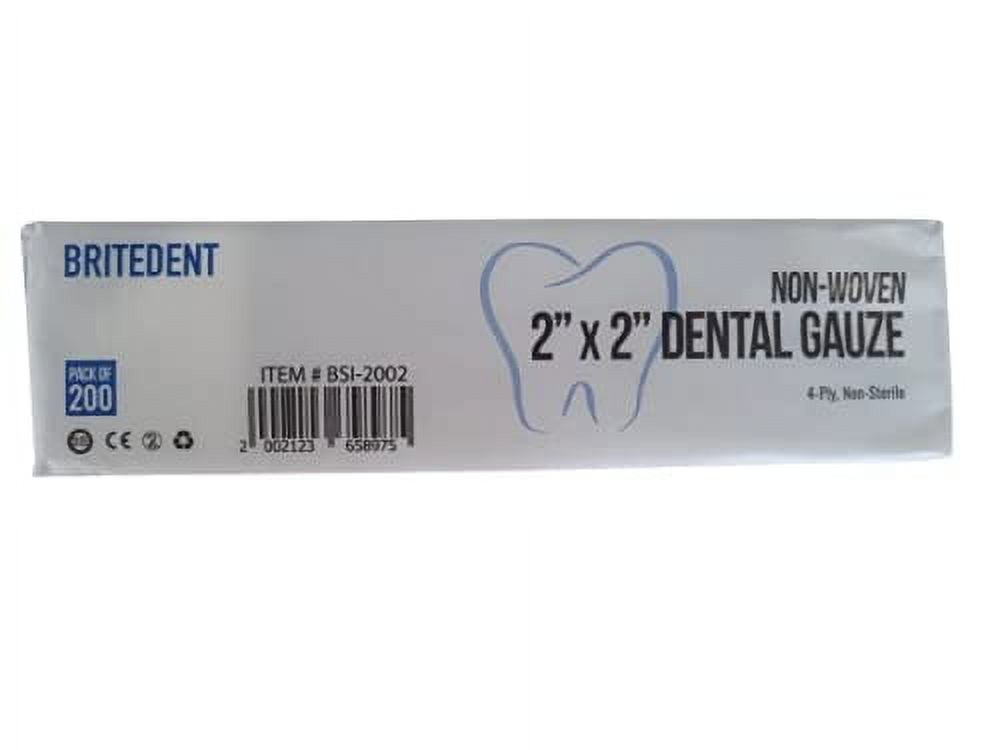 BRITEDENT Non Woven Sponges 2"X2" 4 Ply, NonSterile Cotton Dental Gauze, 5 Packs of 200 (1000 PCS)