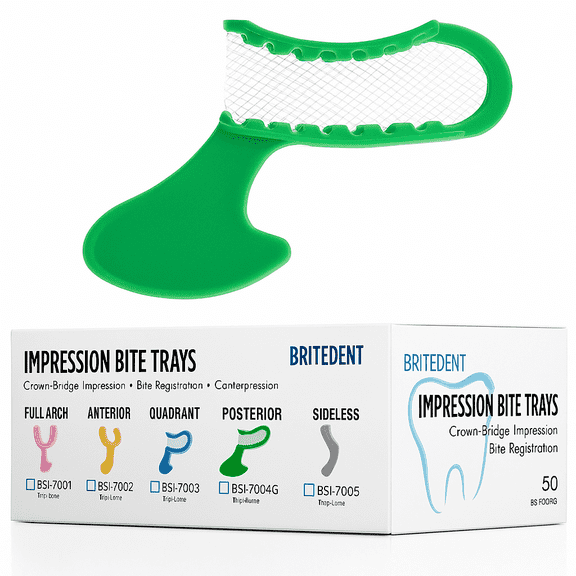 BRITEDENT Posterior Dental Impression Bite Trays BSI-7004G, 50 Count Green Disposable Trays with Built-In Mesh for Crown & Bridge Impressions, Bite Registration, Posterior Use