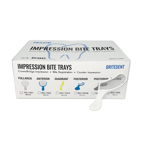BRITEDENT Sideless Posterior Dental Impression Bite Trays BSI-7005 50 Count Disposable Trays with Mesh for Accurate Impressions & Bite Registration