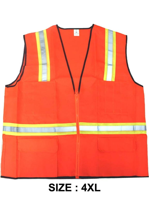 BRITEGUARD 4X Large Bright Orange Safety Vest | 100% Polyester | 5.1 cm (2") Reflective Neon Green & Silver Stripes | Multiple Pockets | Zipper Front | Oversized Arm Openings