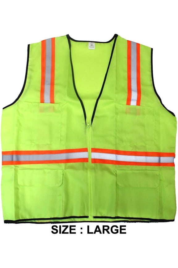 BRITEGUARD Neon Green Safety Vest | Adult Large | 24" x 26" (61 x 66 cm) | 2" (5.1 cm) Reflective Stripes | 100% Polyester | Zipper Front