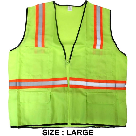 BRITEGUARD Neon Green Safety Vest | Adult Large | 24" x 26" (61 x 66 cm) | 2" (5.1 cm) Reflective Stripes | 100% Polyester | Zipper Front