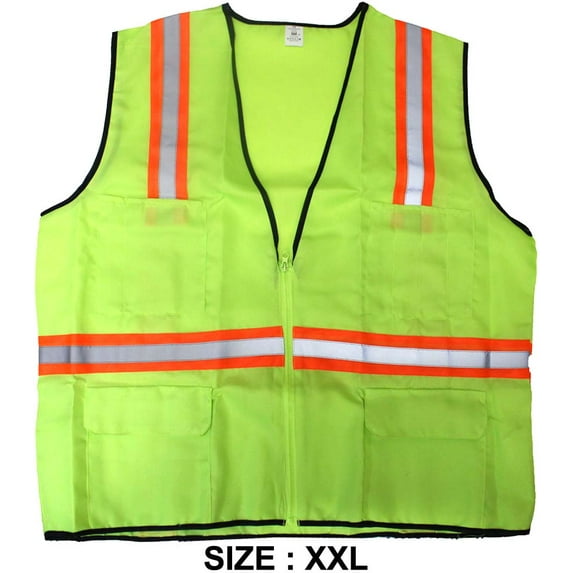 BRITEGUARD Neon Green Safety Vest | Size - 2X Large | 73 cm (28.7") x 67 cm (26.4") | 100% Polyester | 5 cm (2") Reflective Stripes | Zipper Front | Multi-Pocket Utility | Day & Night High Visibility