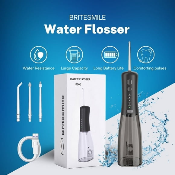 BRITESMILE 350ML Water Dental Flosser,Portable Cordless Oral Irrigator,Rechargeable Dental Care with 4 Professional Nozzles, 4Modles,Waterproof IPX7, Water Flosser Cleaner for Trave Home, Black