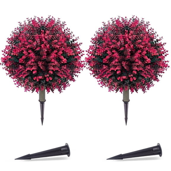 THE BRIVE 21.6 Inch Artificial Red Topiary Ball Trees, 2 Set of UV Resistant Fake Shrubs Bushes Plants with Ground Spike, Fake Plants for Outdoor Indoor Front Porch Garden