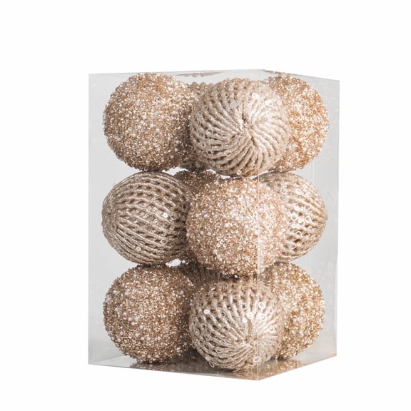 THE BRIVE Christmas Ball Ornaments 12pcs, 3.15" Shatterproof Plastic Xmas Tree Decorations with Sequin & Glitter, Hanging Pearl Balls for Holiday Party (Champagne)