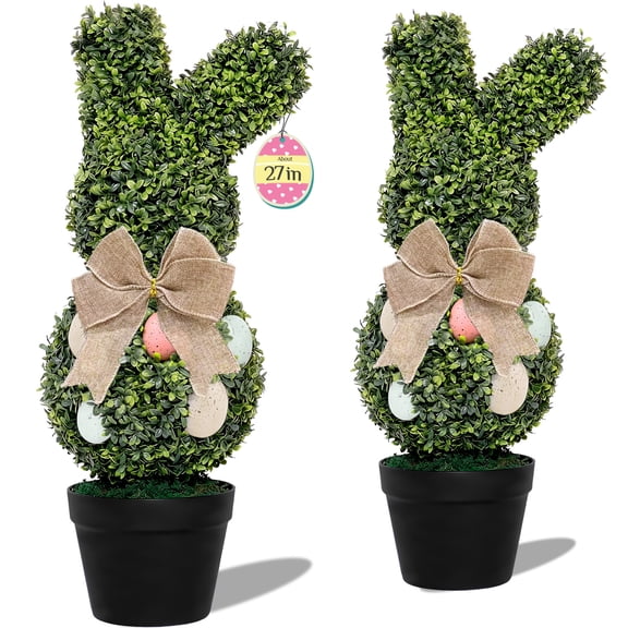 THE BRIVE 2pcs 26“ Easter Artificial Bunny Topiary Tree, UV-Resistant Plastic Boxwood Potted Plant with Gold Bow Tie, Low-Maintenance Decor for Porch, Garden, Office & Mall
