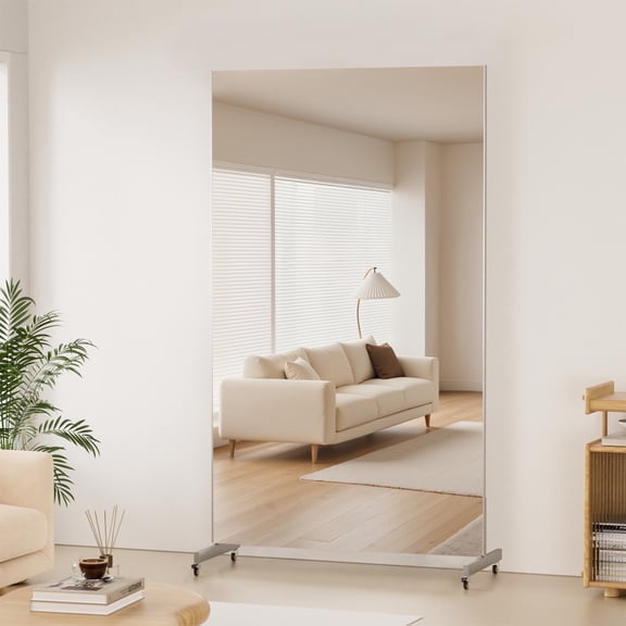 BRIVUE 71" x 32" Standing Mirror Full Length with Wheels, Large Rolling Mirrors with Brakes, Shatterproof Glassless Full Size Mirror for Dance Studio/Home Gym/Yoga Room, Silver