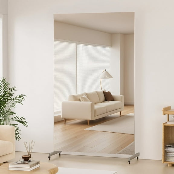 BRIVUE 81" x 41" Standing Mirror Full Length with Wheels, Large Glassless Rolling Mirrors with Brakes, Shatterproof HD Imaging Thin Frame Full Body Mirror for Dance Studio/Home Gym, Silver