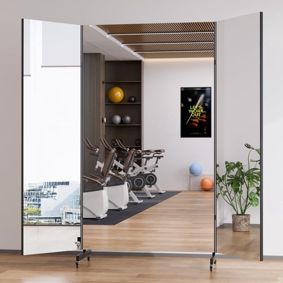 BRIVUE Full Length Stand Up Mirror on Wheels, 75'' × 71'' Large Tri-Fold Floor Mirror with Stand, Unbreakable Non-Glass Nanomirror, Movable 3-Way Foldable Mirror for Gym, Dance Studio, Fitness Room,