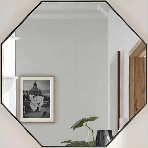 BRIVUE Octagon Mirror for Wall 31“ x 31", Black Aluminum Frame, Adhensive Shatterproof Glassless Mirror for Sink, Entryway, Dining Room, Dresser