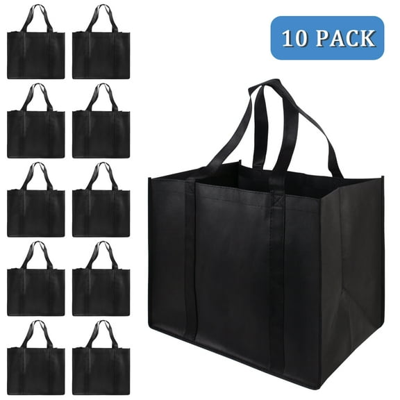 BRIZI LIVING Reusable Grocery Shopping Bags 10 Pack Foldable Tote Bags with Reinforced Handles (Black)