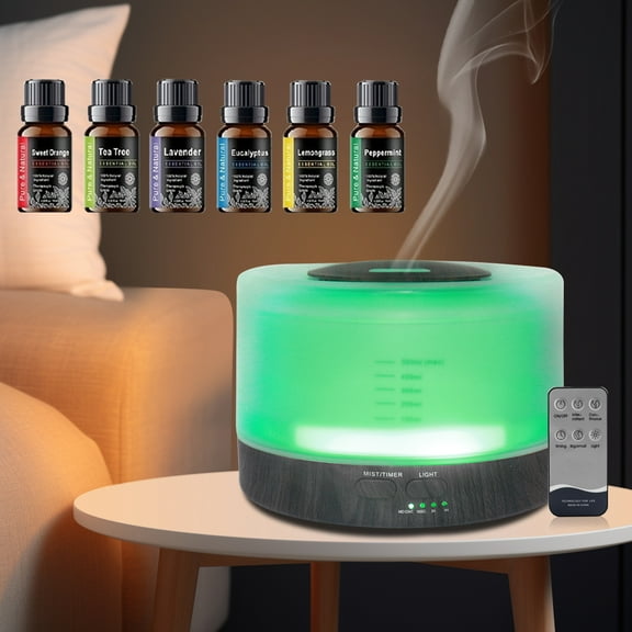BRJSQ 16.91oz Premium Essential Oil Diffuser with Aromatherapy  Humidifying  & Soothing LED Lights   6  Oils Included