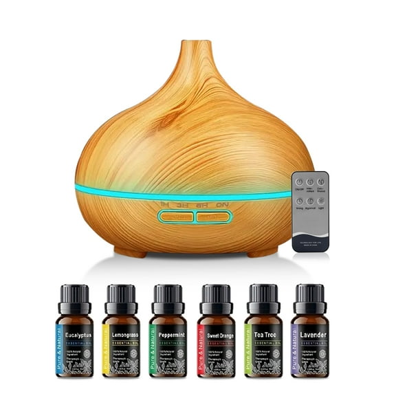 BRJSQ 550ml Aromatherapy Essential Oil Diffuser Wood Grain Remote Control Ultrasonic Air Humidifier Cool 7 Color LED Light With 6 Oils