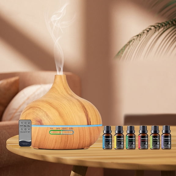 BRJSQ 550ml Wood Grain Aroma Diffuser with Remote Control and Timer  Cool Mist Humidifier for Large Room  6 Oil Set