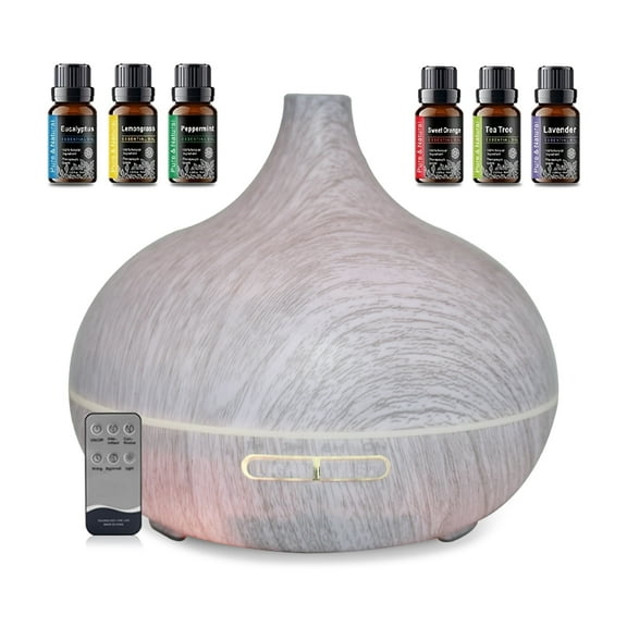 BRJSQ 550ml Wood Grain Essential Oil Diffuser with Remote 6 Oils Auto Shut Off Quiet for Home Office & Yoga