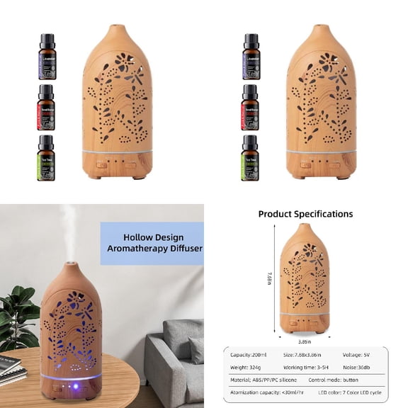 BRJSQ 7 Color LED Aromatherapy Diffuser  Lavender Hollow Design  Ultra Quiet  Auto Shutoff for Home & Office