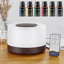 BRJSQ 7-Color Wood Grain Diffuser 500ml | Essential Oil Humidifier with Remote Control  Auto Shut-Off & Free 6 Aromatherapy Oils