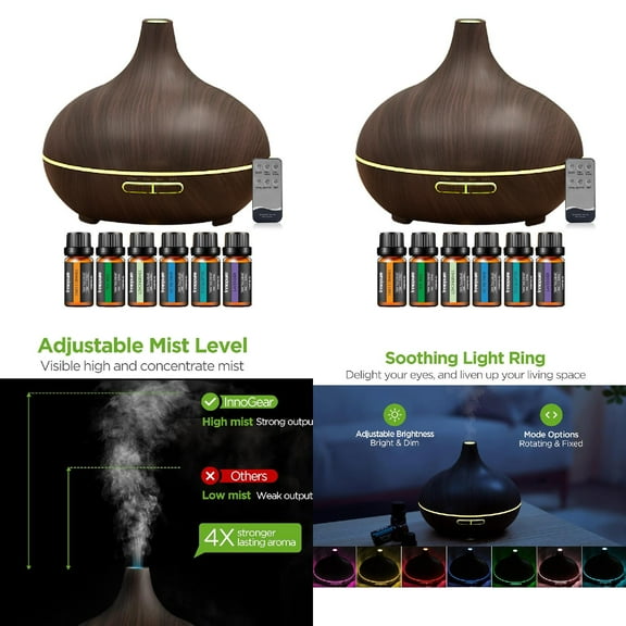 BRJSQ Aromatherapy Diffuser & 6 Essential Oils Set  550ml Diffuser Ultrasonic Diffuser Cool Mist Humidifier with 4 Timers 7 Colors Light Waterless Auto Off for Large Room Office  Dark Woo