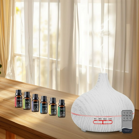 BRJSQ Aromatherapy Gift! 550ml Wood Grain Oil Diffuser with Remote  6 Essential Oils  Ultrasonic Humidifier for Home  Office & Relaxation