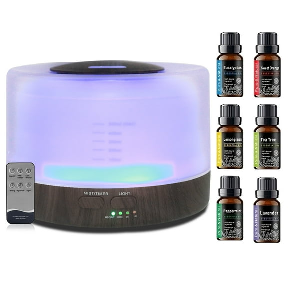 BRJSQ Aromatherapy Set with 500ml Diffuser & 6 Therapeutic Essential Oils  7 Color Mood Lights  Auto Shut-Off  Ultrasonic Quiet Operation for Home  Office  Spa