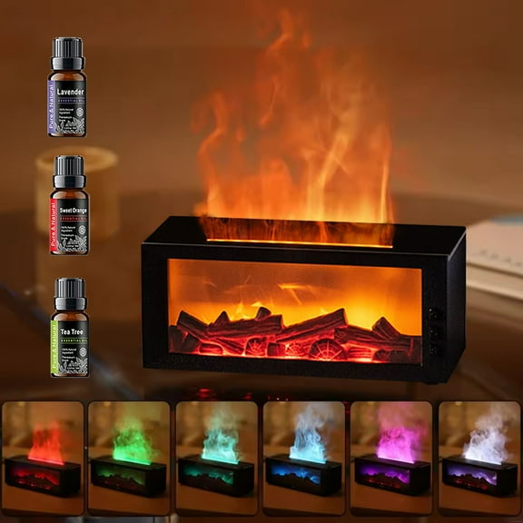 BRJSQ LED Simulated Flame Fireplace Aromatherapy Diffusers For Essential Oils Machine with RGB Colorful Atmosphere Light